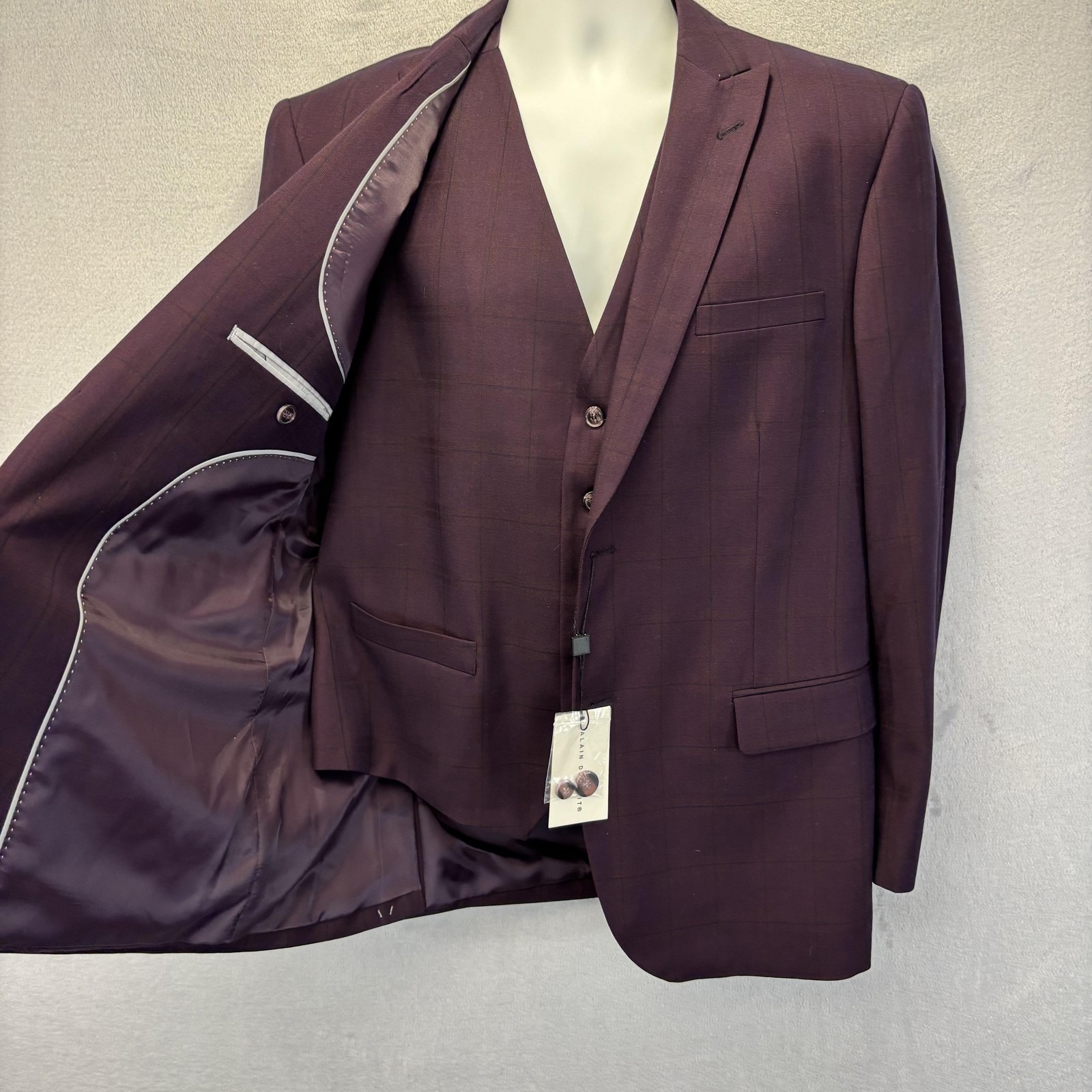 Nwt Alain Dupetit Blazer Vest 2 Pc Set Mens 44s Purple Plaid Formal Suit Jacket — image 3 of 8